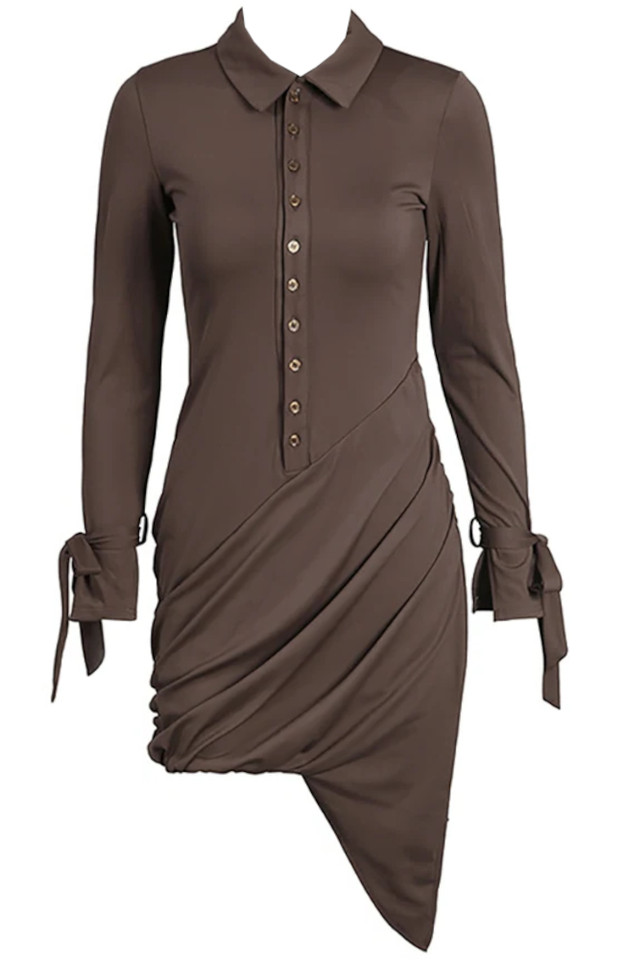 Long Sleeve Draped Dress Brown