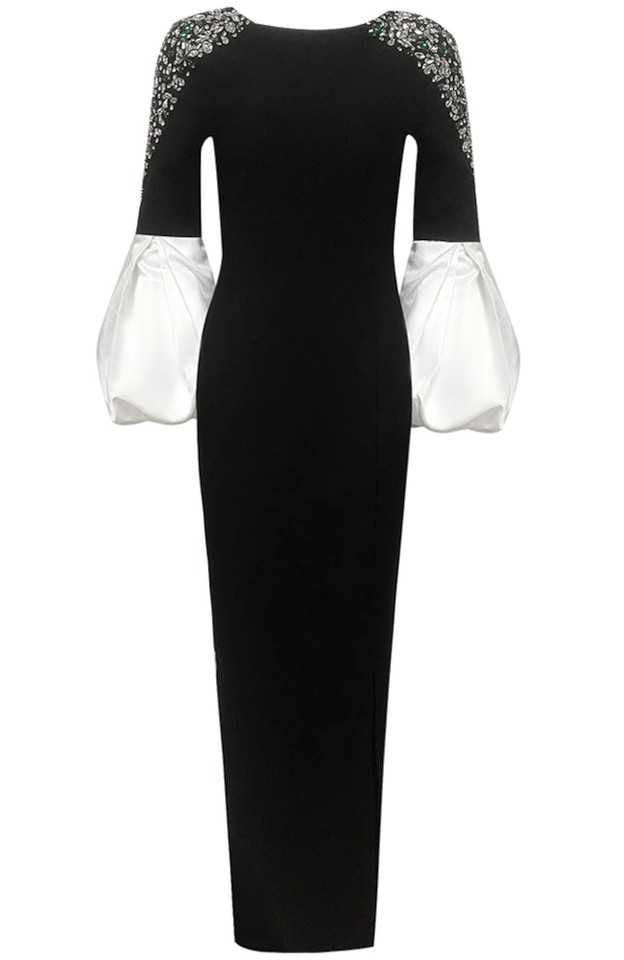 Puff Long Sleeve Crystal Maxi Dress Black White
