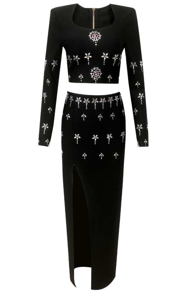 Long Sleeve Crystal Two Piece Maxi Dress Black Long Sleeve Crystal Two Piece Maxi Dress Black
