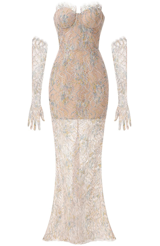 Strapless Corset Lace Maxi Dress Nude