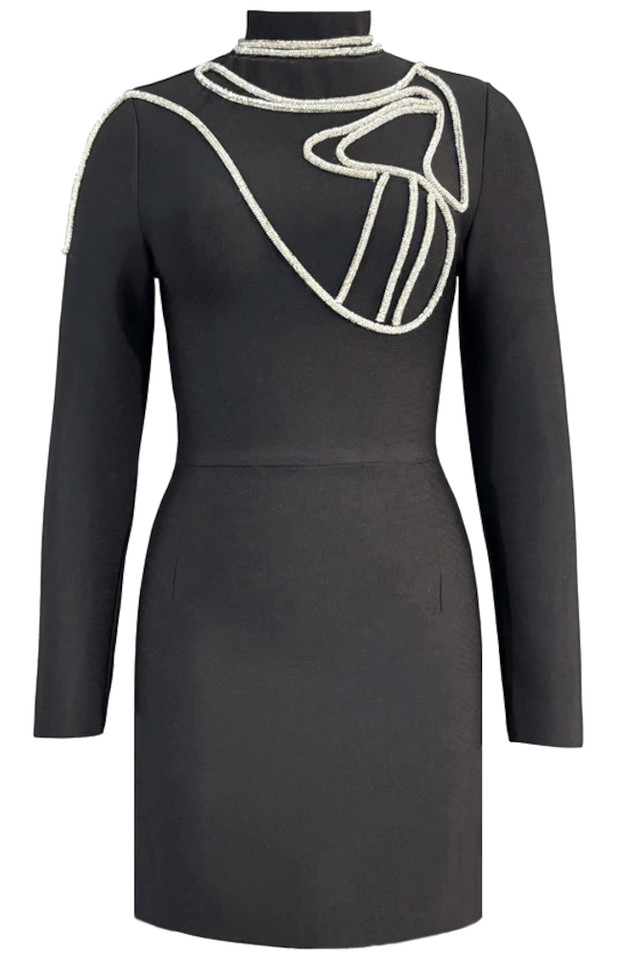 Long Sleeve Crystal Trim Dress Black