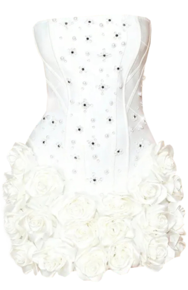 Strapless Crystal Pearl Floral Dress White Strapless Crystal Pearl Floral Dress White
