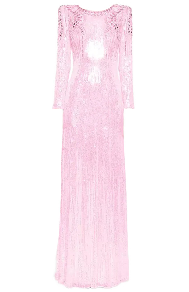 Long Sleeve Crystal Sequin Maxi Dress Pink Long Sleeve Crystal Sequin Maxi Dress Pink