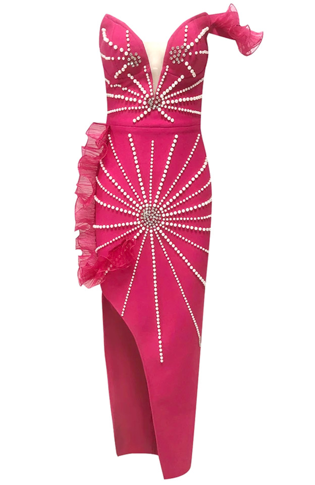 Bardot Pearl Ruffle Maxi Dress Hot Pink