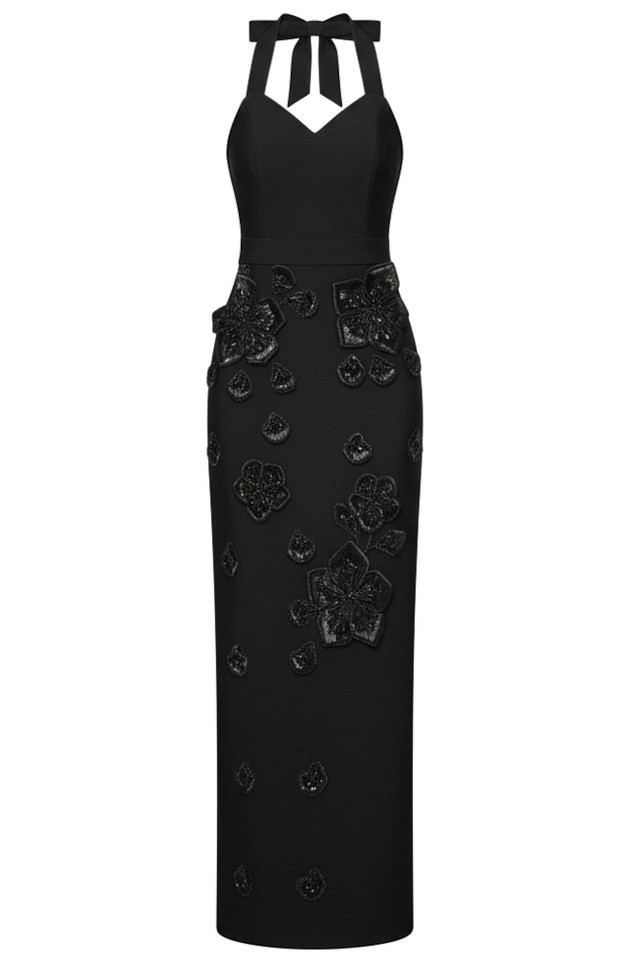 Halter Floral Gloves Maxi Dress Black Halter Floral Gloves Maxi Dress Black