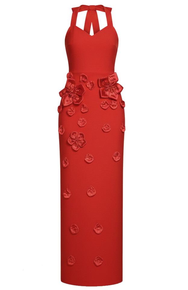 Halter Floral Gloves Maxi Dress Red Halter Floral Gloves Maxi Dress Red
