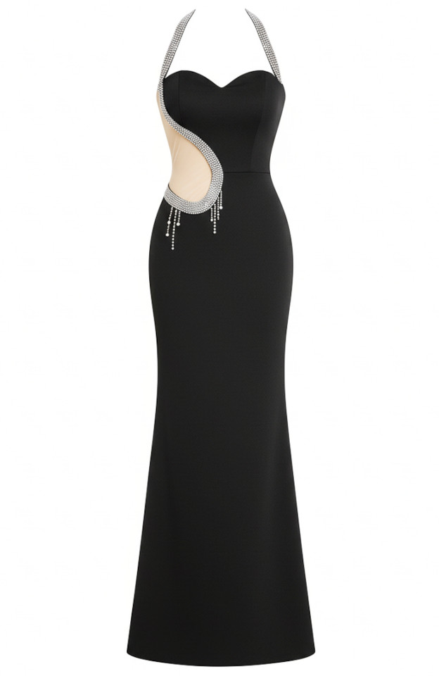 Halter Crystal Mesh Insert Maxi Dress Black Halter Crystal Mesh Insert Maxi Dress Black