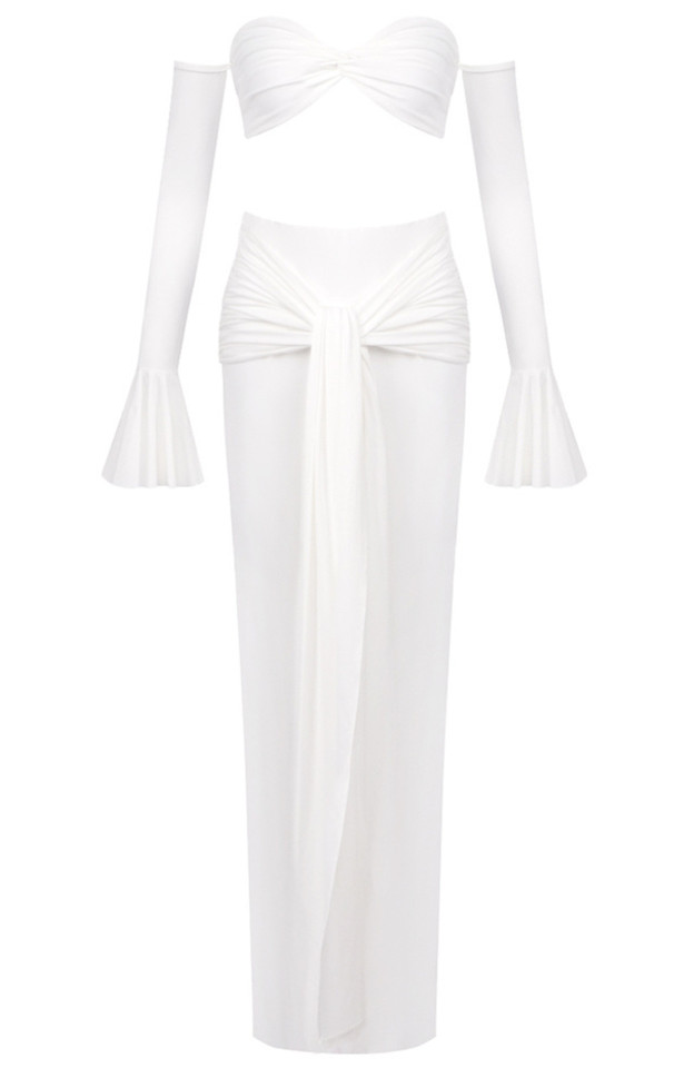 Long Sleeve Bardot Two Piece Maxi Dress White