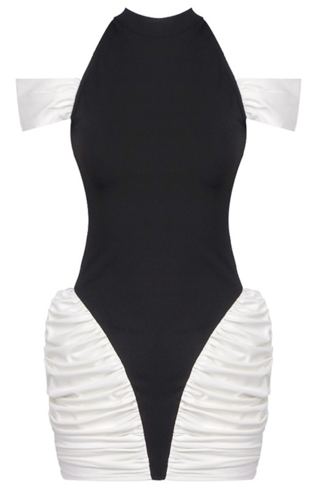Cold Shoulder Ruched Dress Black White