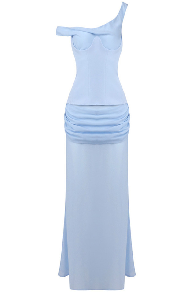 One Shoulder Corset Draped Maxi Dress Blue