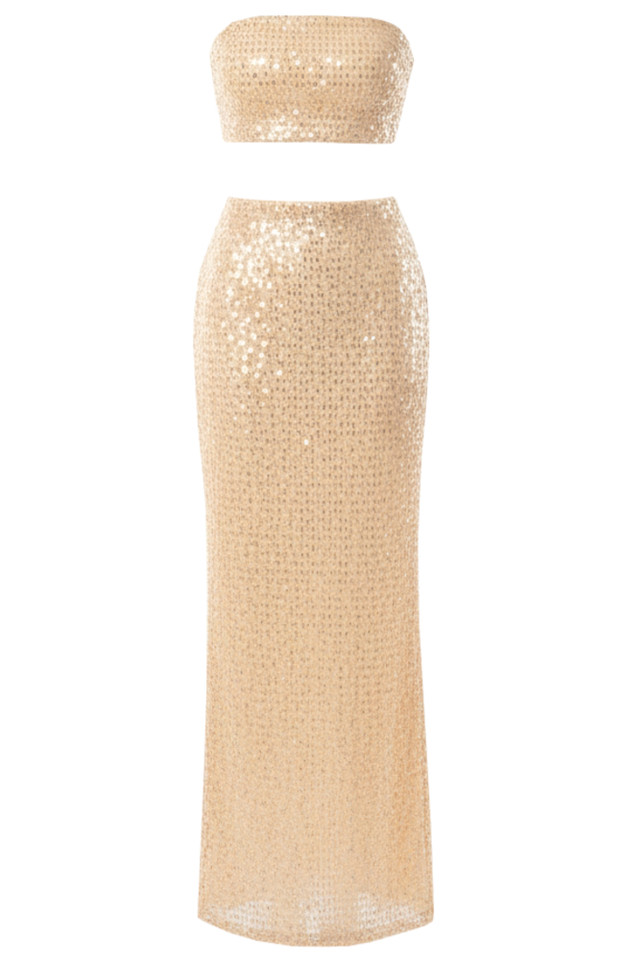 Strapless Embellished Two Piece Maxi Dress Peach