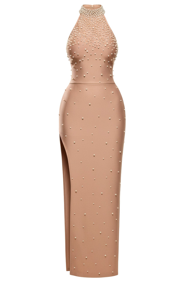 Halter Pearl Embellished Maxi Dress Nude