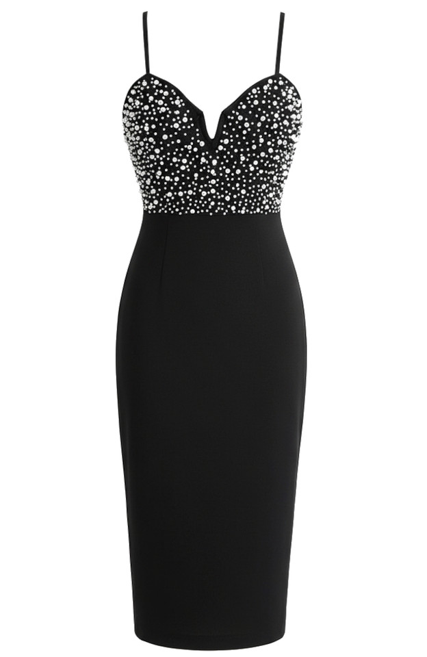 Pearl Embellished Midi Dress Black