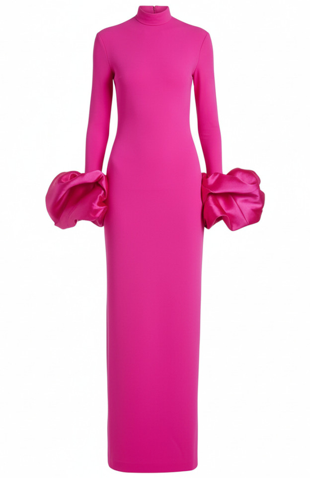 Puff Detail Long Sleeve Maxi Dress Hot Pink