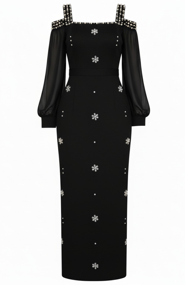 Long Sleeve Crystal Cold Shoulder Maxi Dress Black Long Sleeve Crystal Cold Shoulder Maxi Dress Black