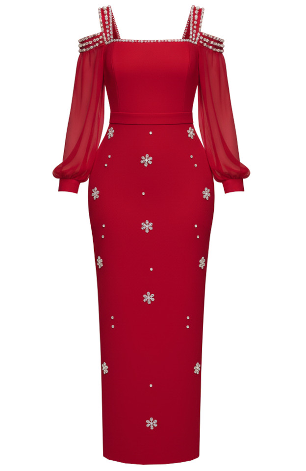 Long Sleeve Crystal Cold Shoulder Maxi Dress Red Long Sleeve Crystal Cold Shoulder Maxi Dress Red