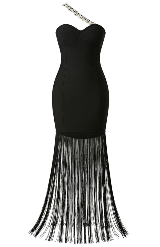 Crystal One Shoulder Tassel Maxi Dress Black