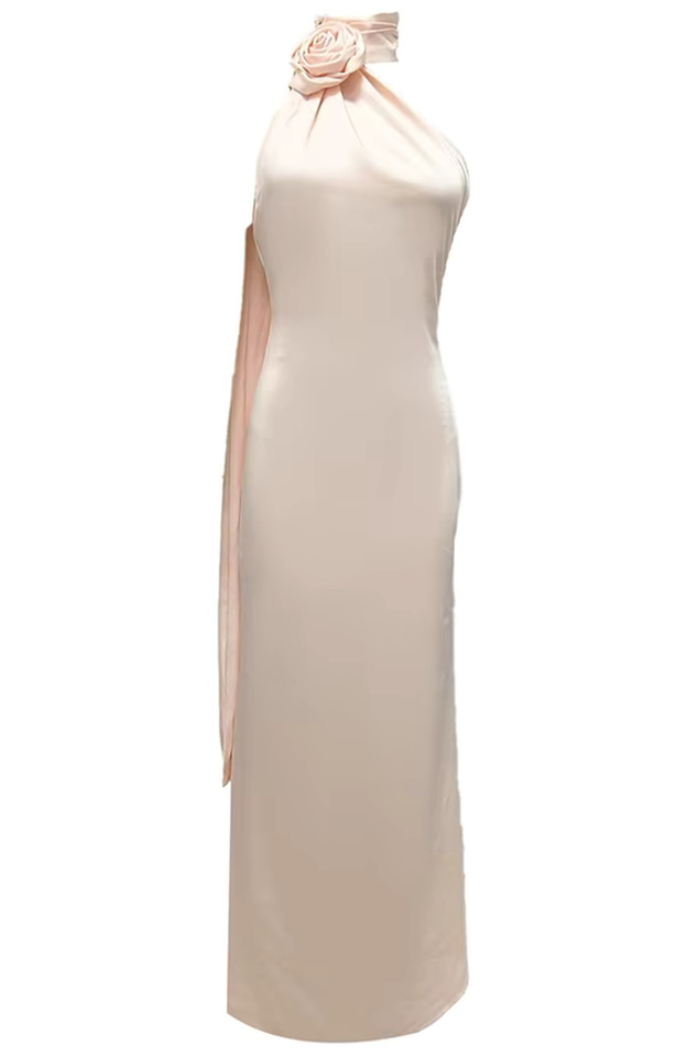 Halter Floral Maxi Silk Dress Ivory