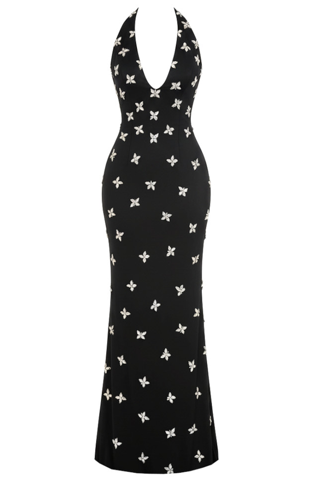 Halter Crystals Maxi Dress Black