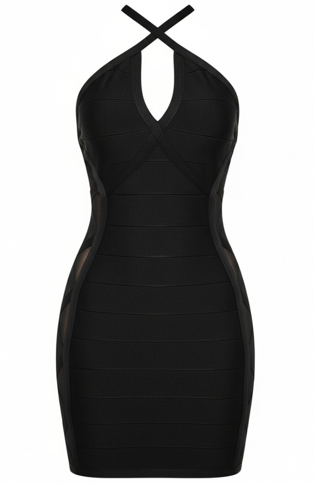 Halter Mesh Insert Dress Black