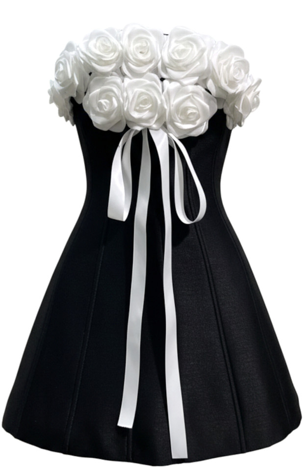 Strapless Floral Corset A Line Dress Black White Strapless Floral Corset A Line Dress Black White