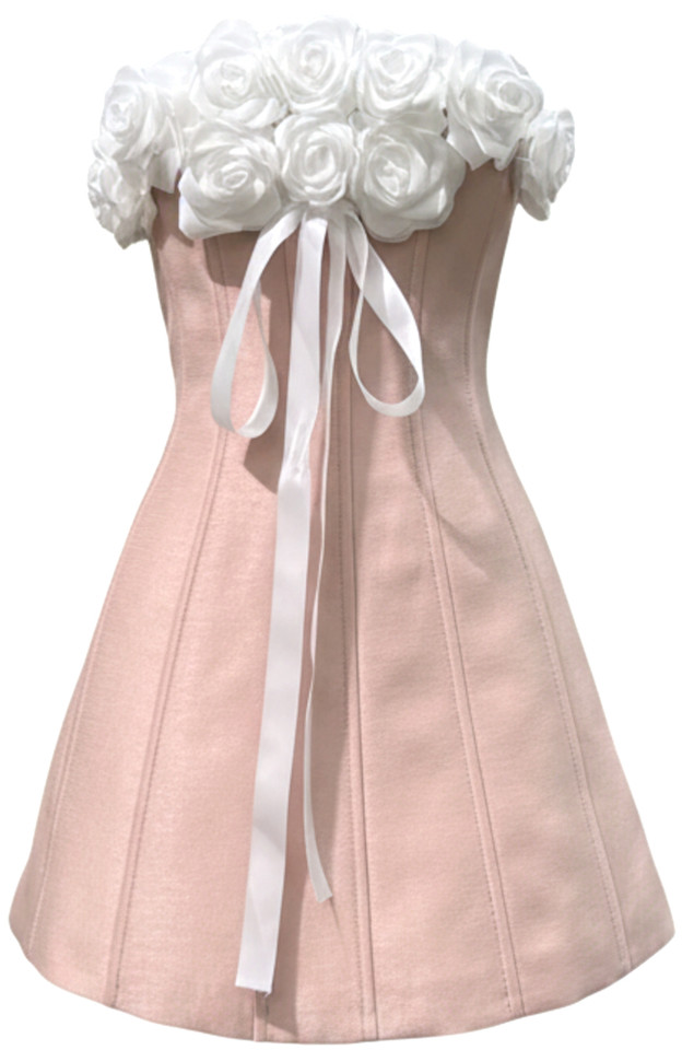 Strapless Floral Corset A Line Dress Pink White