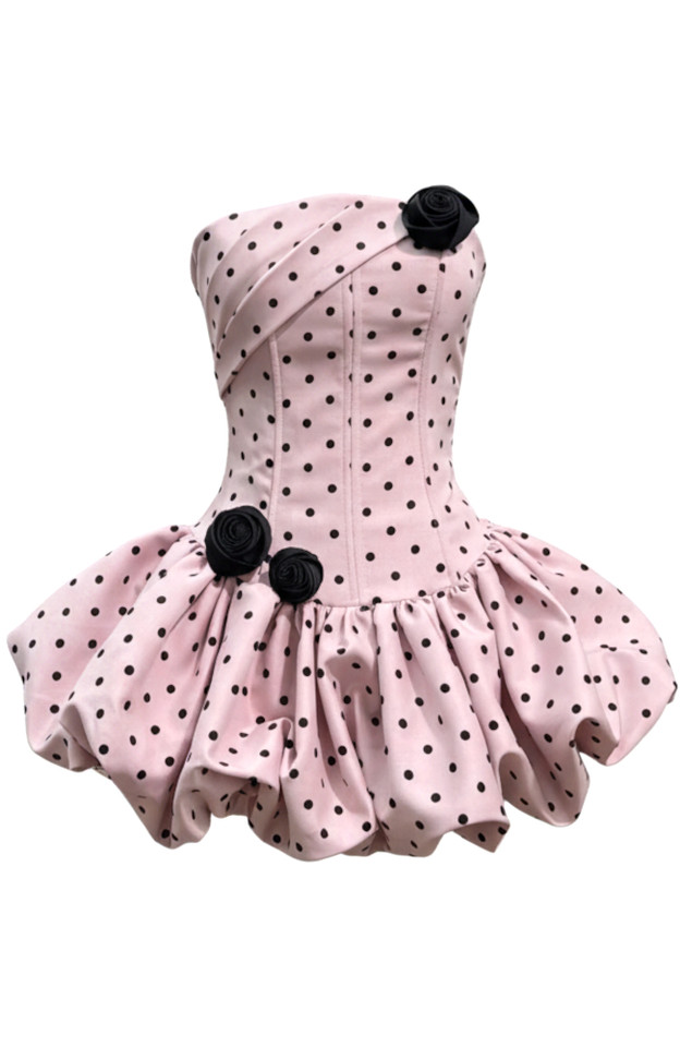 Polka Dot Strapless Floral Corset Puff Dress Pink Polka Dot Strapless Floral Corset Puff Dress Pink