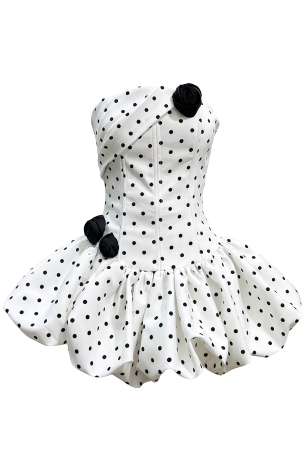Polka Dot Strapless Floral Corset Puff Dress White