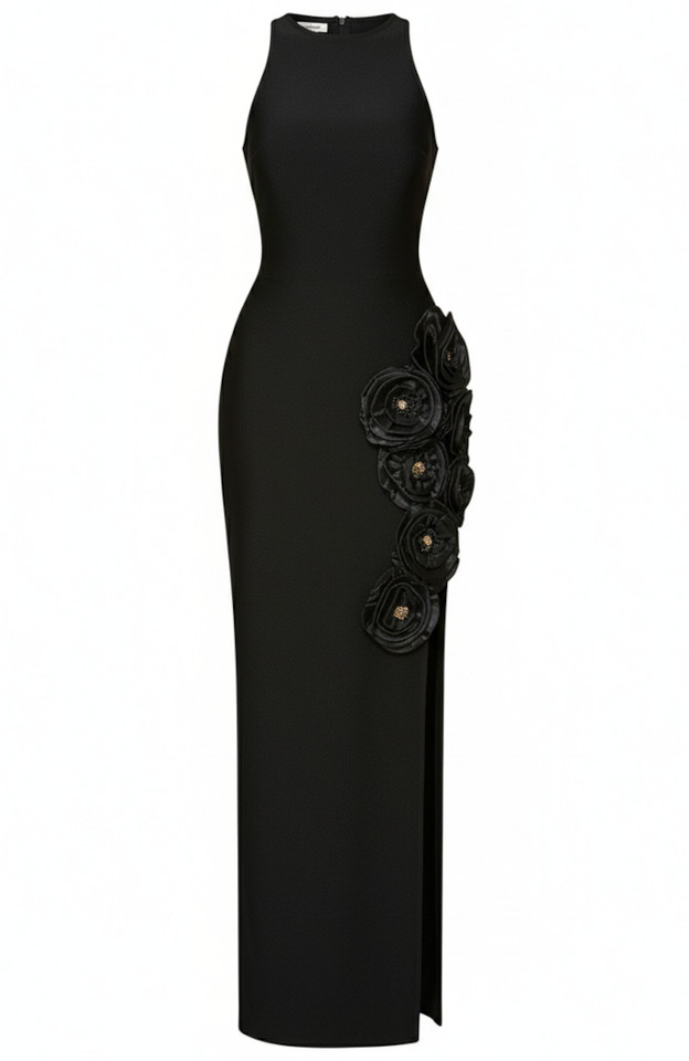 Embellished Floral Detail Maxi Dress Black