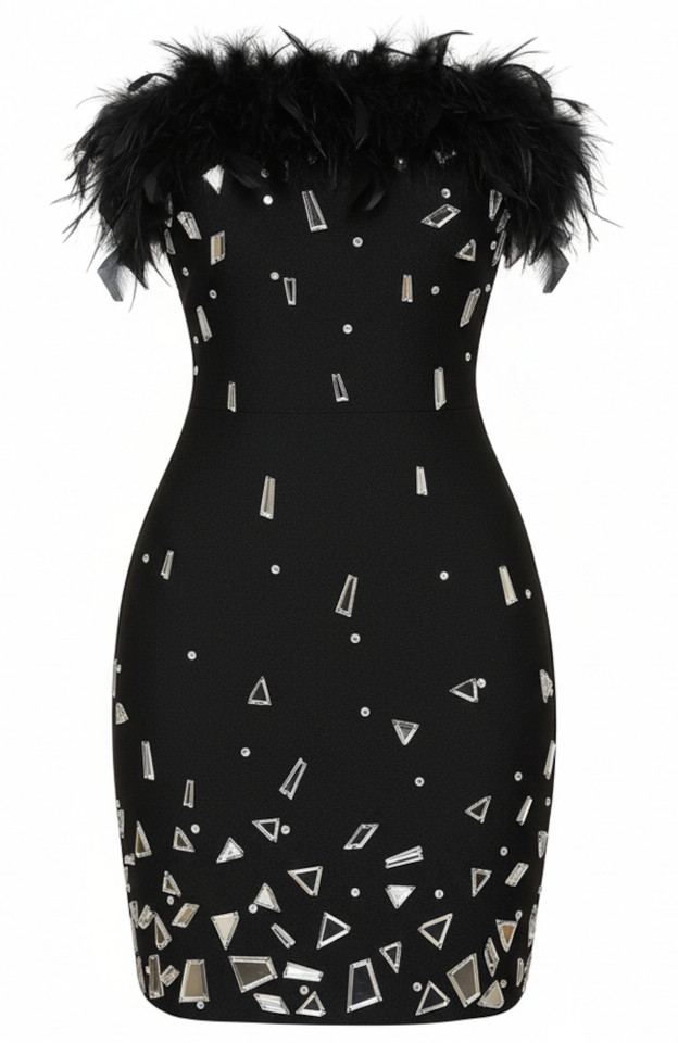 Strapless Feather Mirrored Dress Black