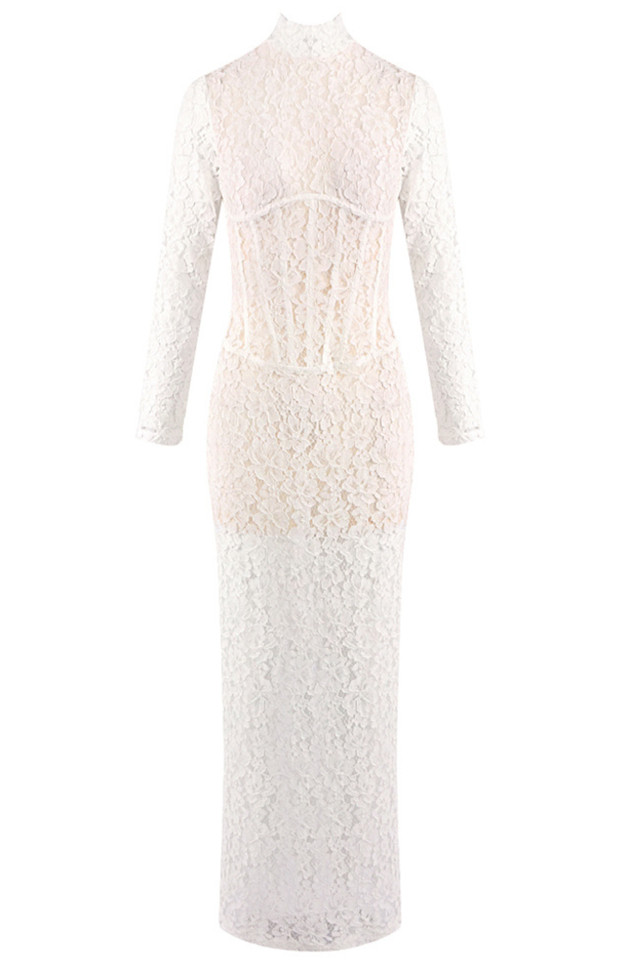Long Sleeve Structured Lace Maxi Dress White
