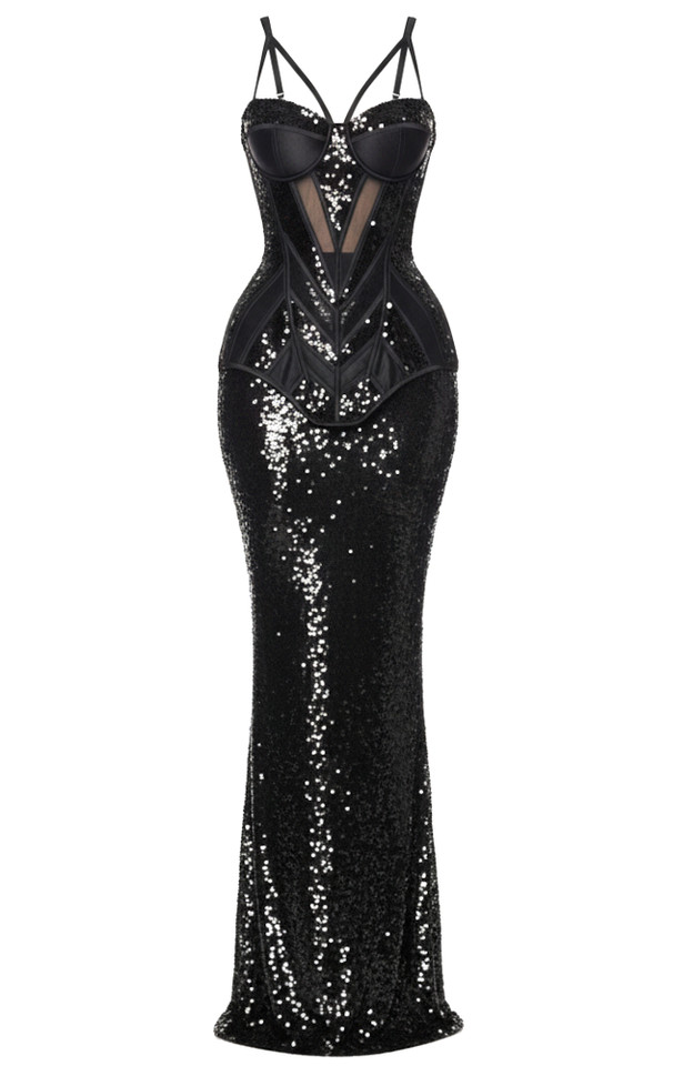 Floral Sequin Bustier Maxi Dress Black
