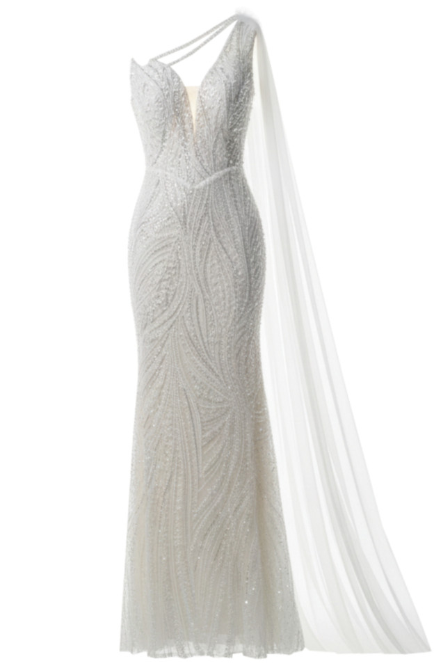 One Shoulder Pearl Sequin Maxi Dress White