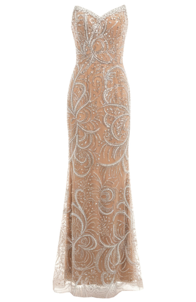 Strapless Pearl Sequin Embellished Maxi Dress Nude