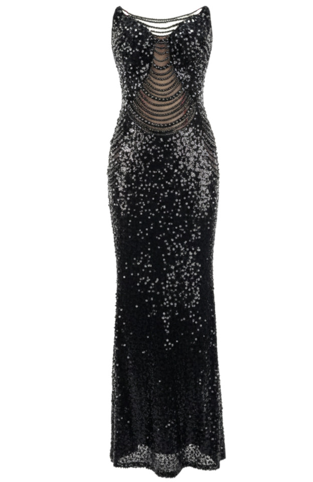 Strapless Embellished Mesh Sequin Maxi Dress Black