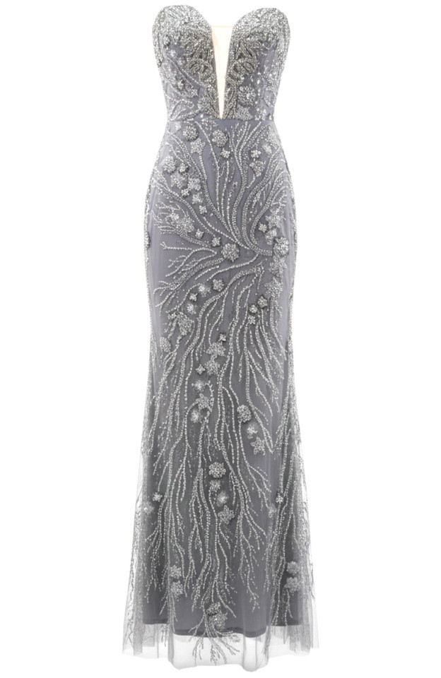 Strapless Floral Crystal Maxi Dress Silver
