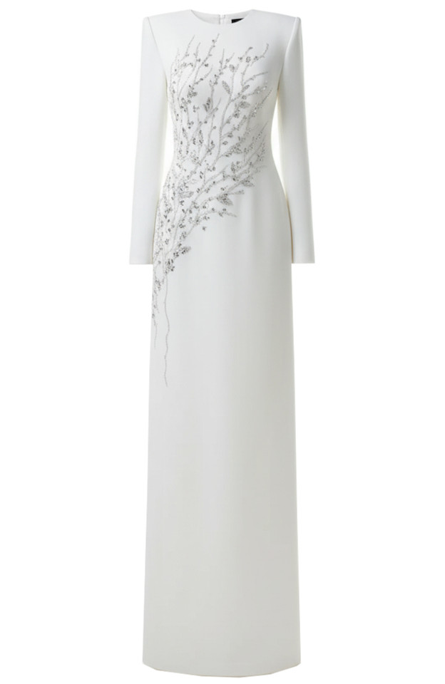 Long Sleeve Crystal Floral Maxi Dress White Long Sleeve Crystal Floral Maxi Dress White
