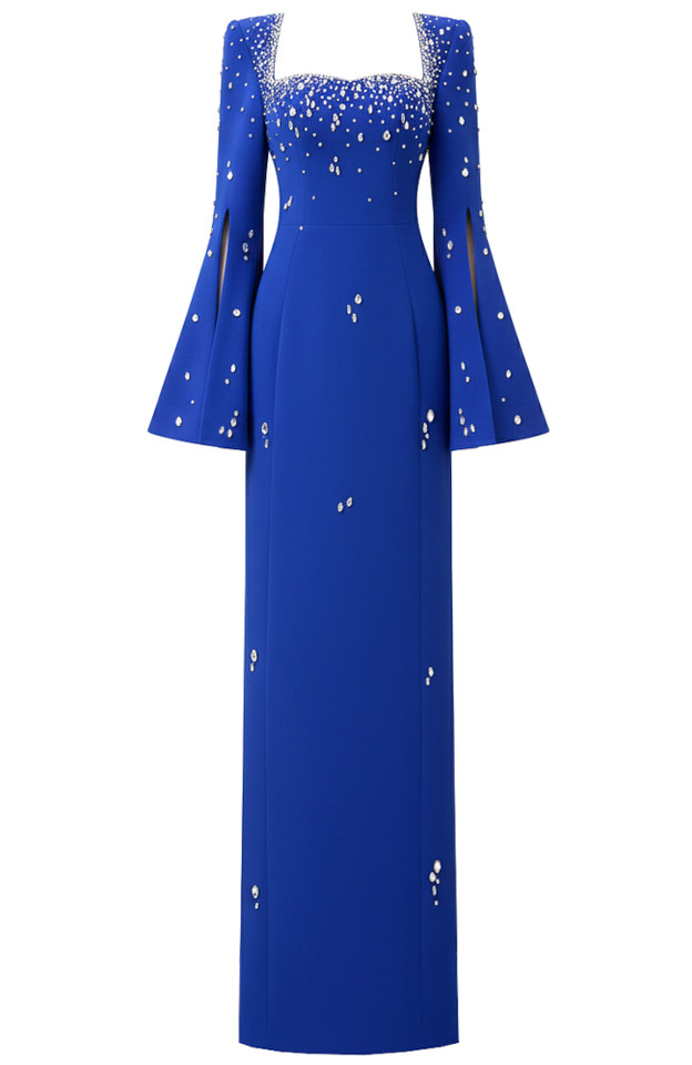 Cape Sleeve Crystal Maxi Dress Blue