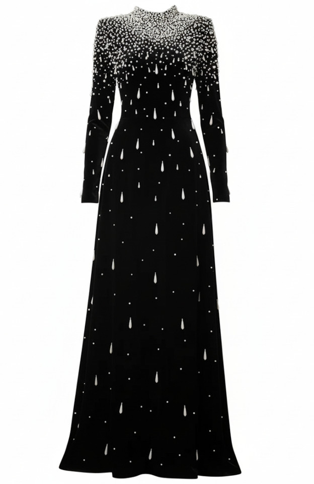 Long Sleeve Pearl Maxi Velvet Dress Black