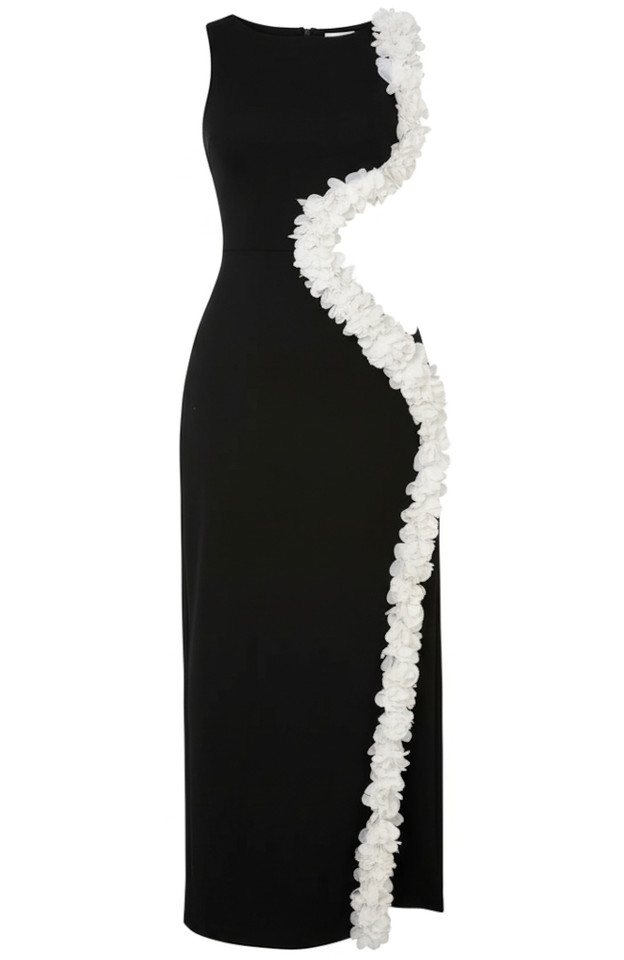 Floral Trim Maxi Dress Black White