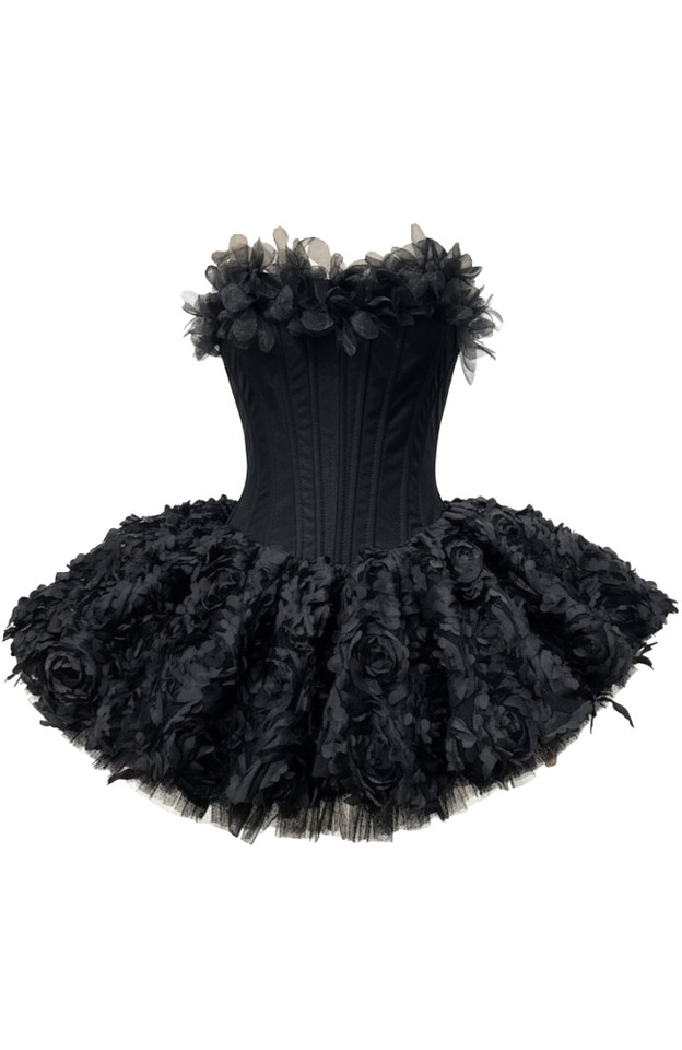 Strapless Petal Floral Corset A Line Dress Black