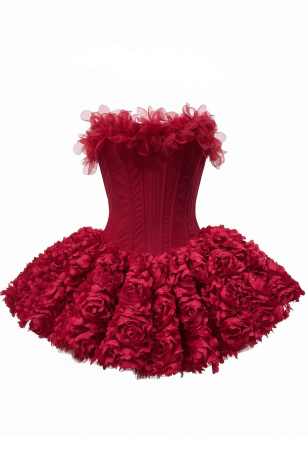 Strapless Petal Floral Corset A Line Dress Red