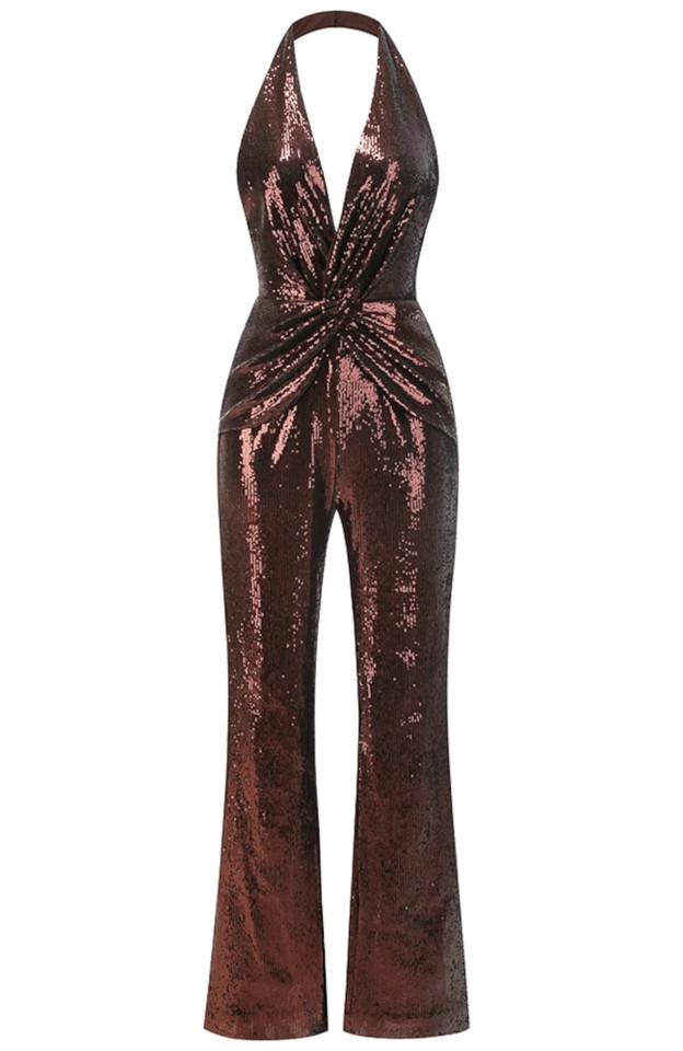 Halter Draped Sequin Jumpsuit Brown