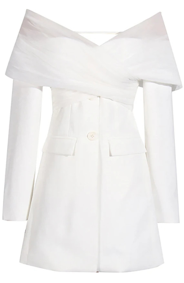 Long Sleeve Mesh Bardot Blazer Dress White