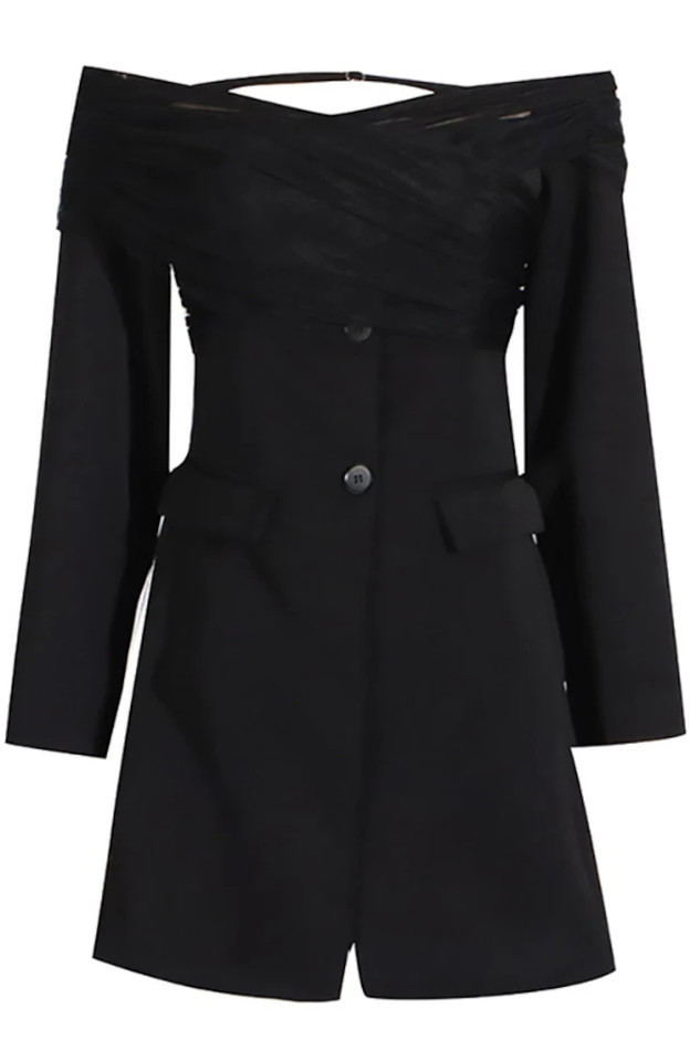 Long Sleeve Mesh Bardot Blazer Dress Black Long Sleeve Mesh Bardot Blazer Dress Black