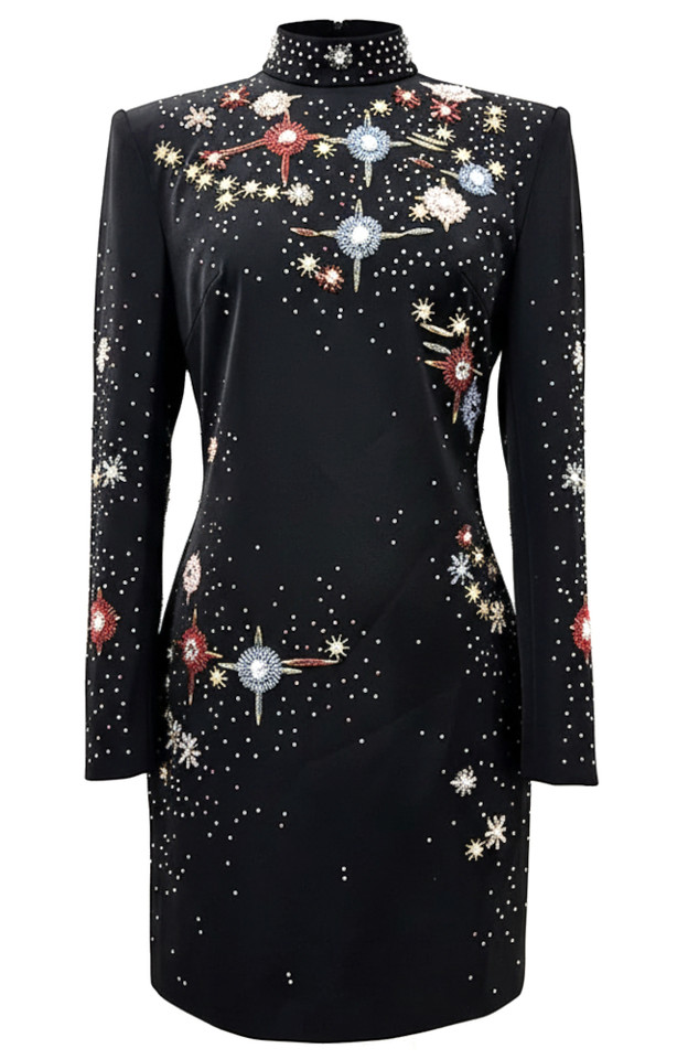 Long Sleeve Crystal Embellished Dress Black