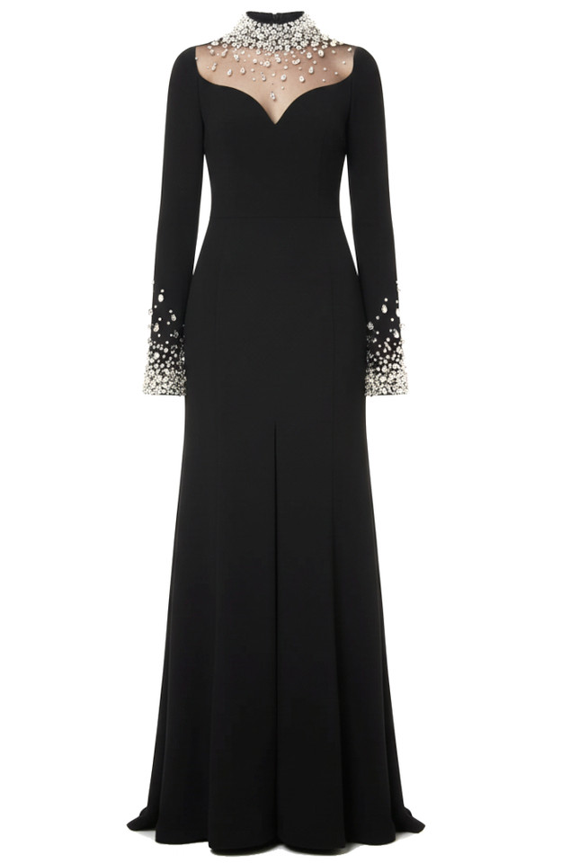 Long Sleeve Crystal Embellished Mesh Maxi Dress Black