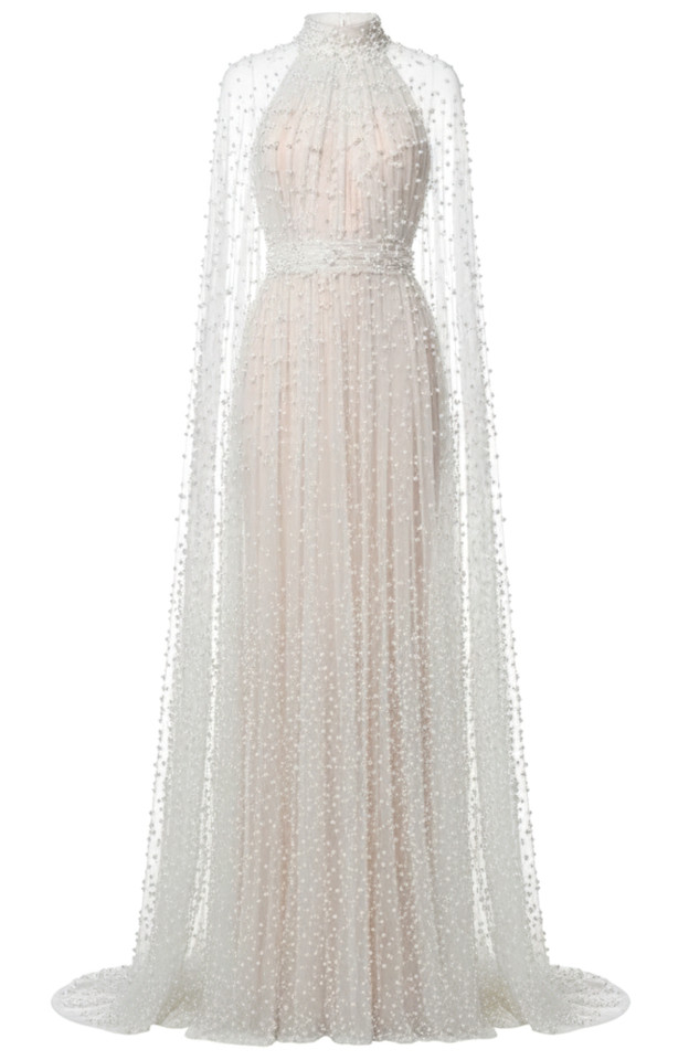 Pearl Cape Sleeves Maxi Dress White