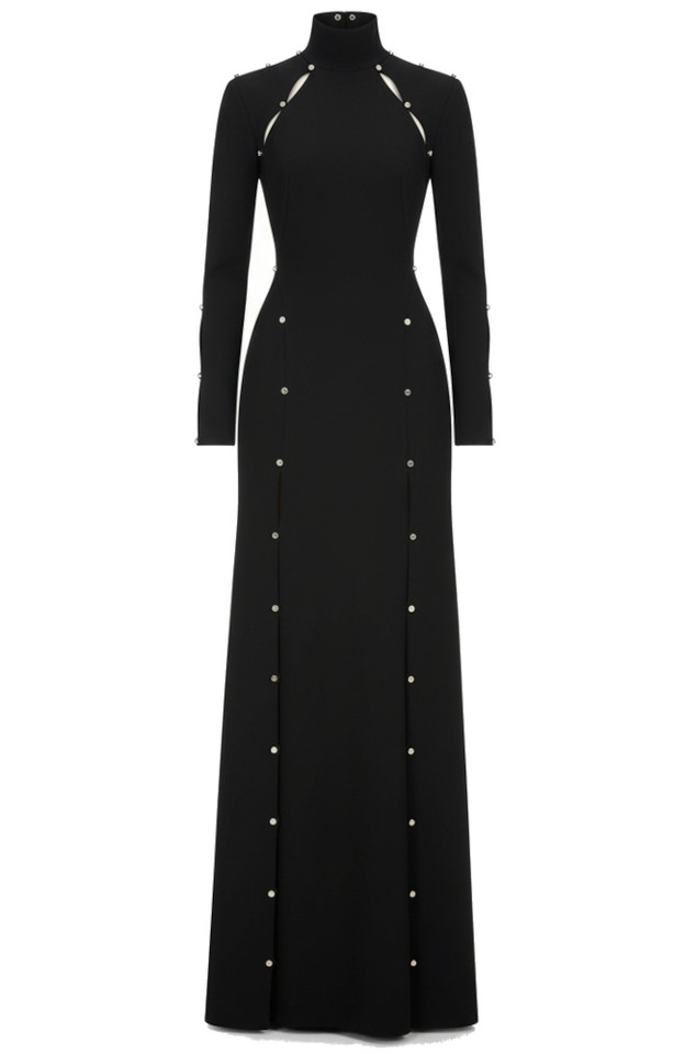 Long Sleeve Crystal Cut Out Maxi Dress Black