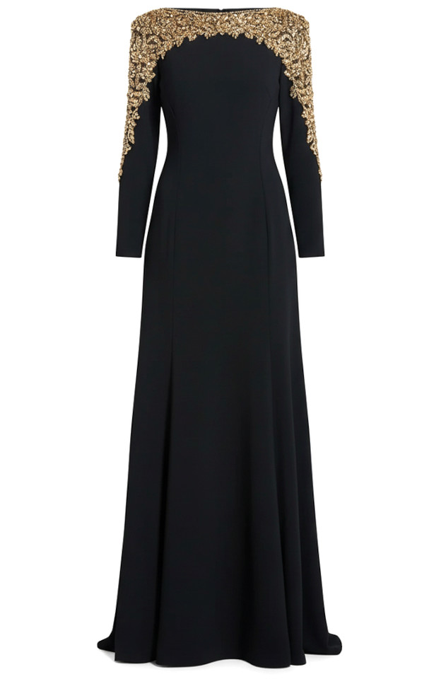 Long Sleeve Crystal Shoulders Maxi Dress Black